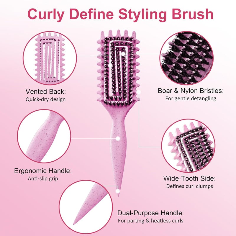 Weldilgit Curly Hair Brush, Curl Defining Brush with Soft Boar Bristles Detangling Tangled Glides, Wide-Teeth Design Effortlessly Shaping & Defining Curls, Curling Definer for Wet & Dry Hair (Pink) - Image 2
